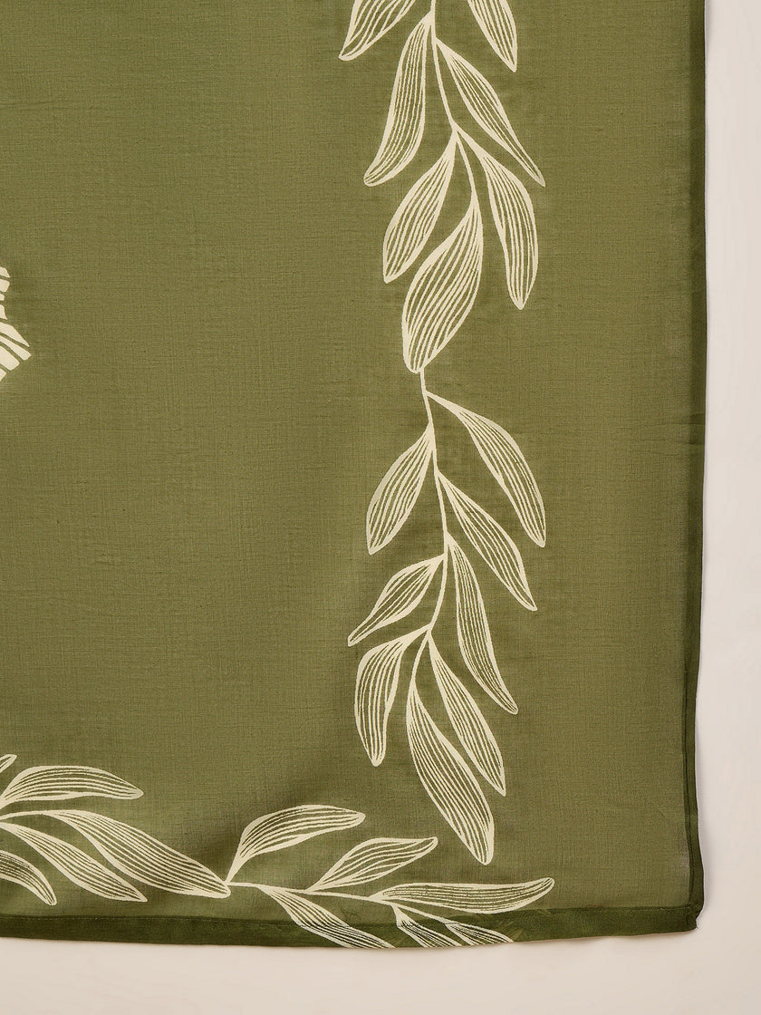 Olive Pure Cotton Floral Printed A-Line Kurta Trouser With Printed Dupatta