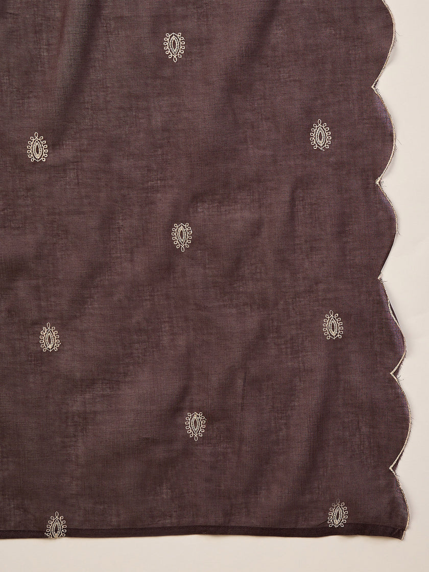 Brown Pure Cotton Embroidered A-Line Kurta Trouser With Embroidered Dupatta