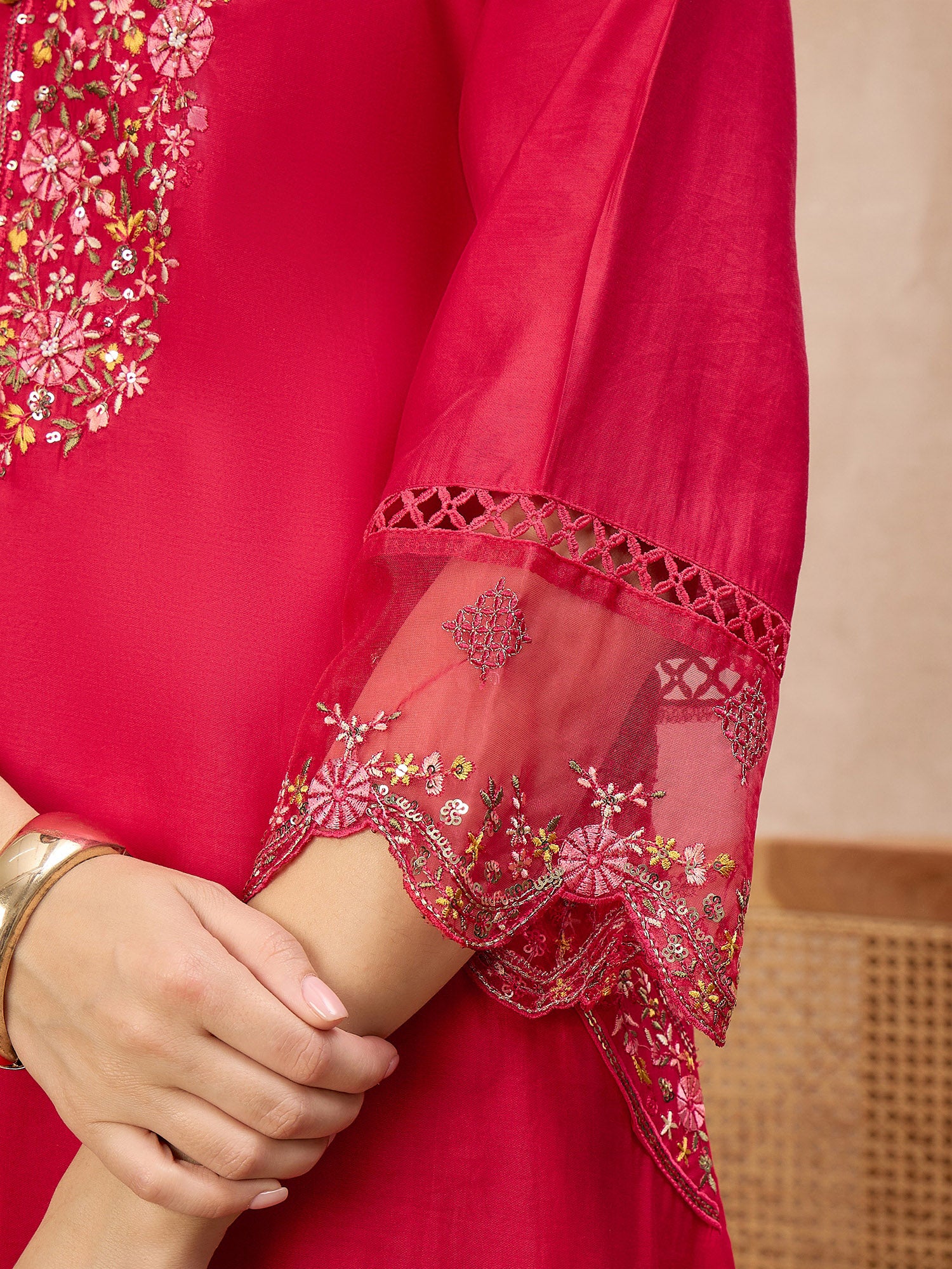 Rose Pure Cotton Beads & Stone Embroidered With Buttons A-Line Kurta Trouser With Printed Dupatta