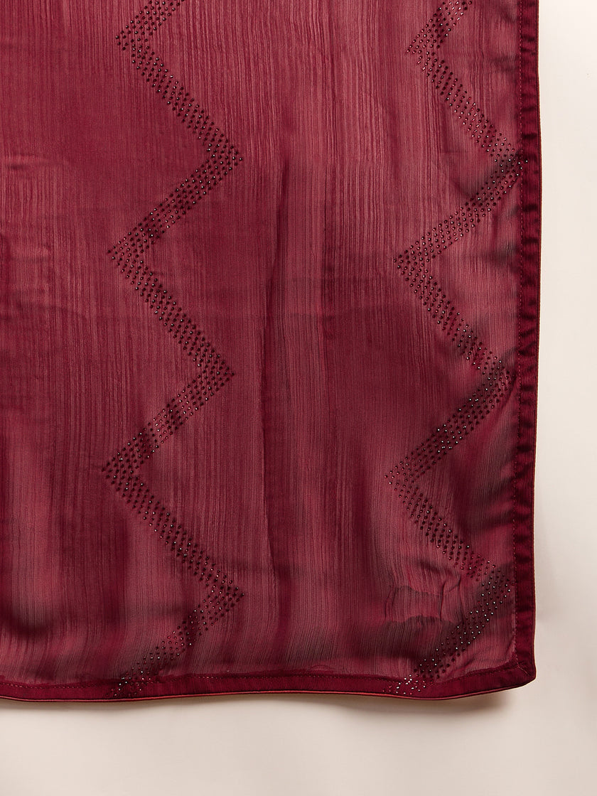 Maroon Satin Solid With Stone Work Border Saree with Unstitched Fancy Blouse