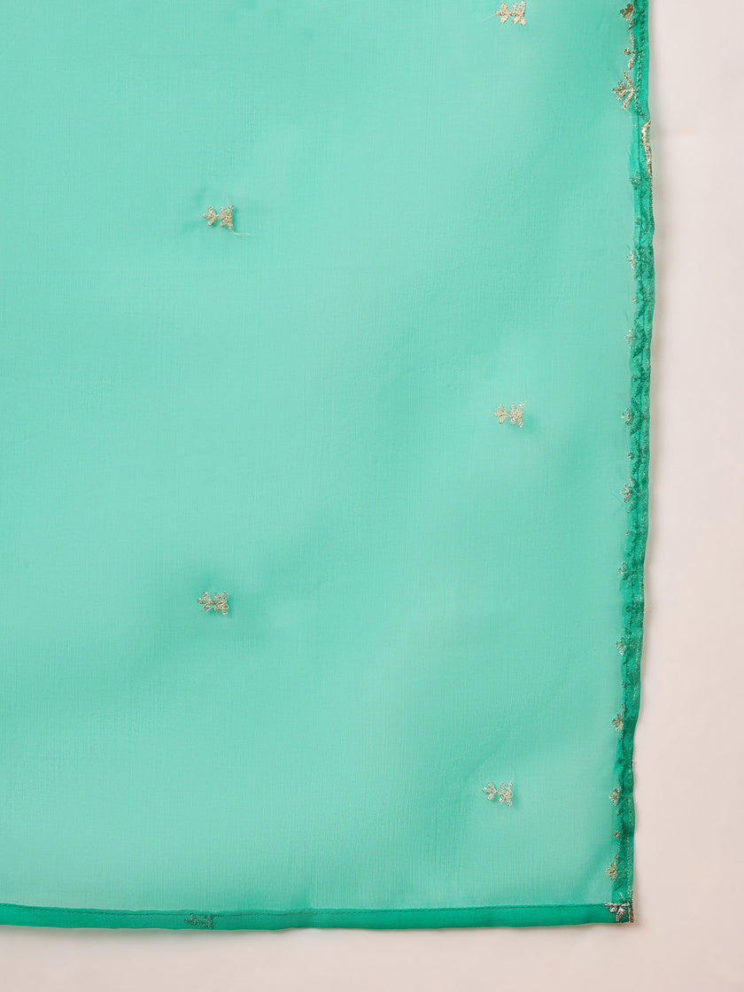 Green Chanderi Silk Solid A-Line Kurta Trouser with Dupatta