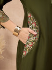 Green Pure Cotton Beads & Stone Embroidered With Buttons A-Line Kurta Trouser With Printed Dupatta