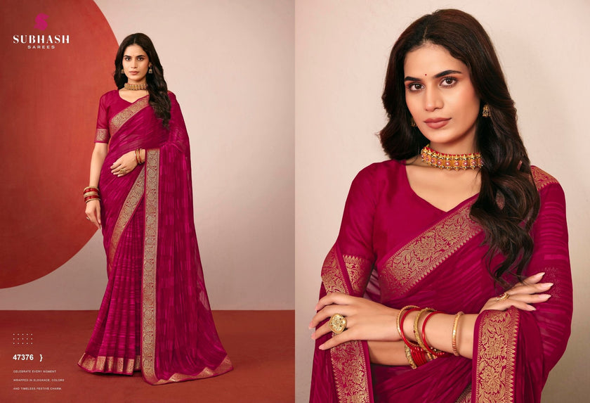 Riviera-29 : Printed Gerorgette with Gold jari Border Saree with Designer Printed Blouse