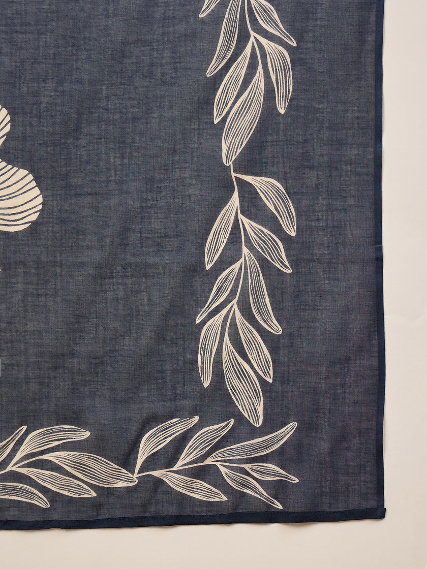 Blue Pure Cotton Floral Printed A-Line Sleeveless Kurta Trouser With Printed Dupatta