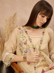 Beige Pure Cotton Solid A-Line Kurta Trouser With Floral & Mirror Embroidered Shrug