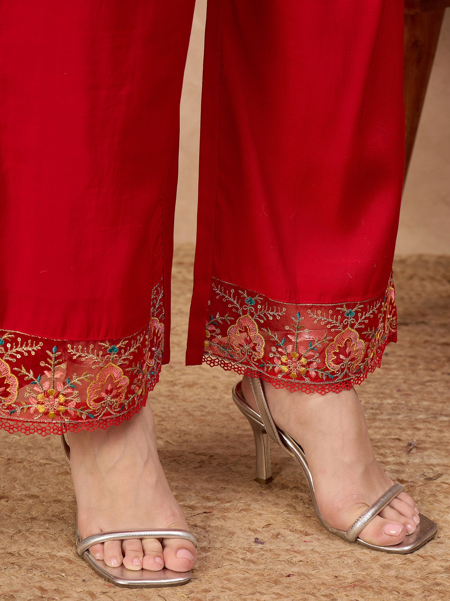 Red Pure Cotton Beads & Stone Embroidered A-Line Kurta Trouser With Printed Dupatta