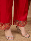 Red Pure Cotton Beads & Stone Embroidered A-Line Kurta Trouser With Printed Dupatta