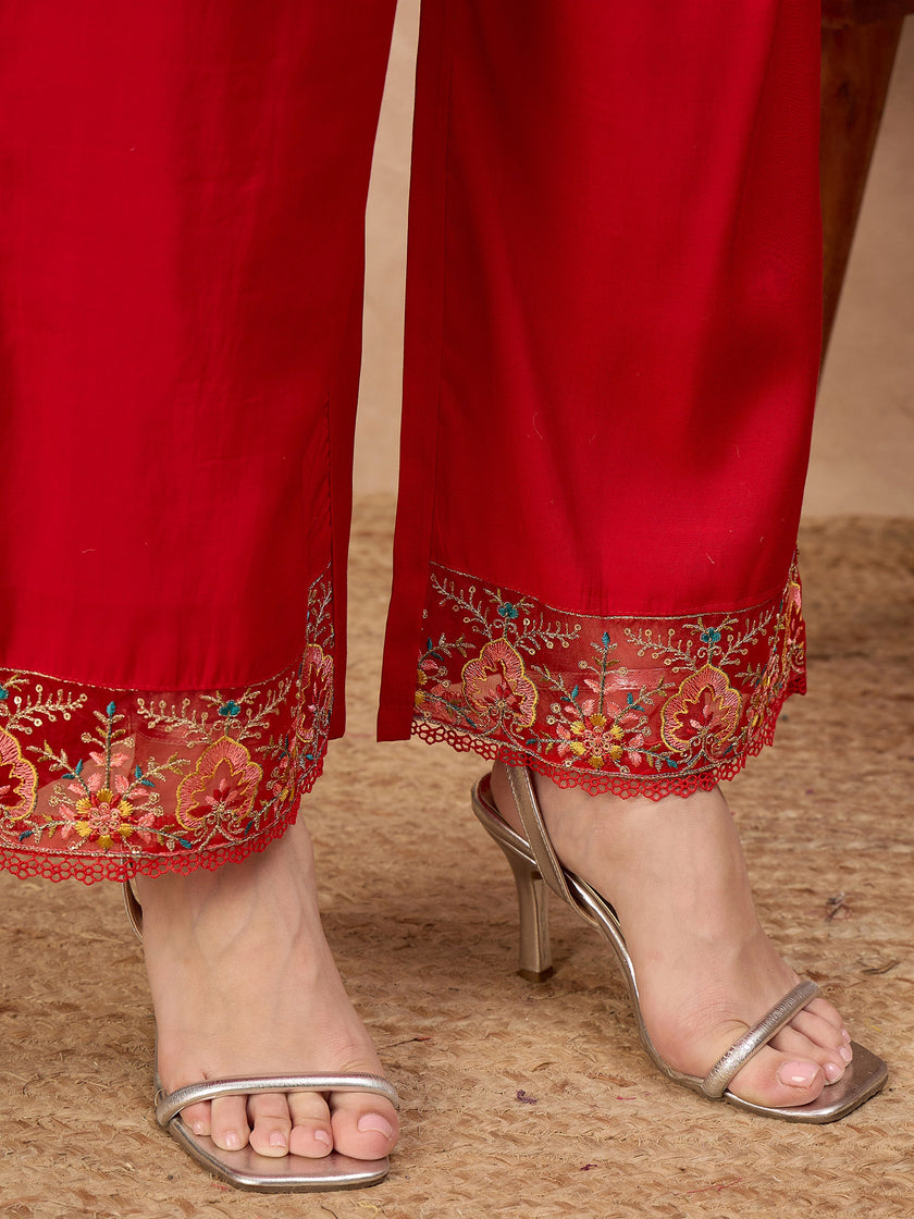 Red Pure Cotton Beads & Stone Embroidered A-Line Kurta Trouser With Printed Dupatta
