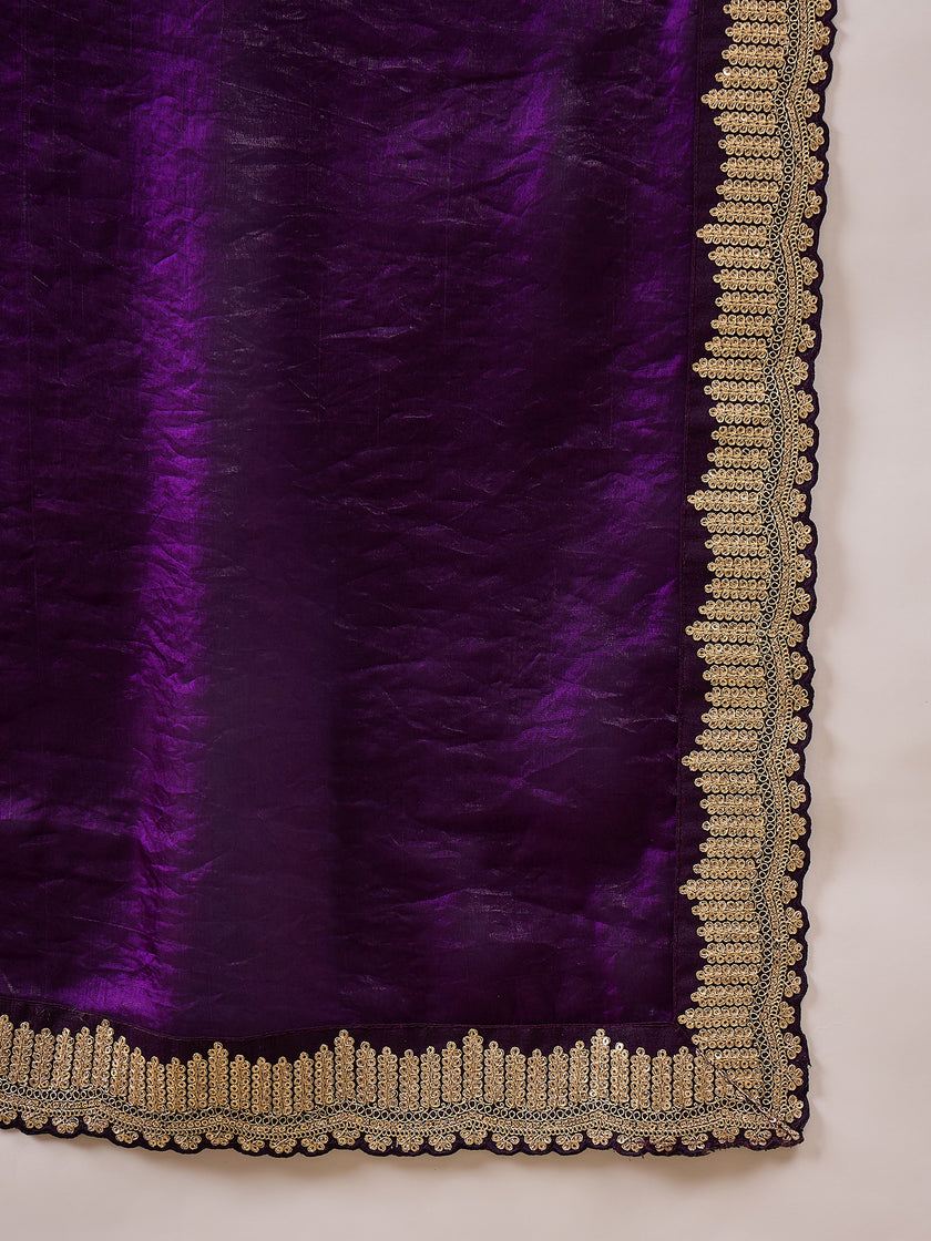 Purple Satin Solid with Coding Cut Work Border Saree with Unstitched Blouse