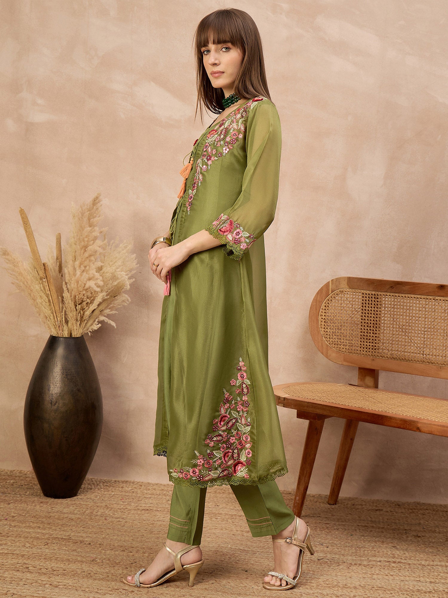 Olive Pure Cotton Solid A-Line Kurta Trouser With Floral & Mirror Embroidered Shrug
