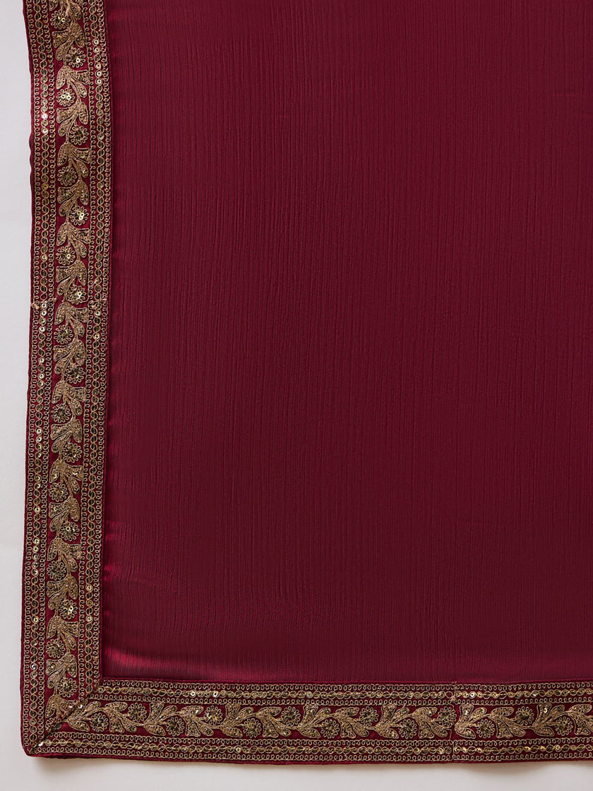 Maroon Satin Solid with Embroidered Lace Saree with Unstitched Fancy Blouse