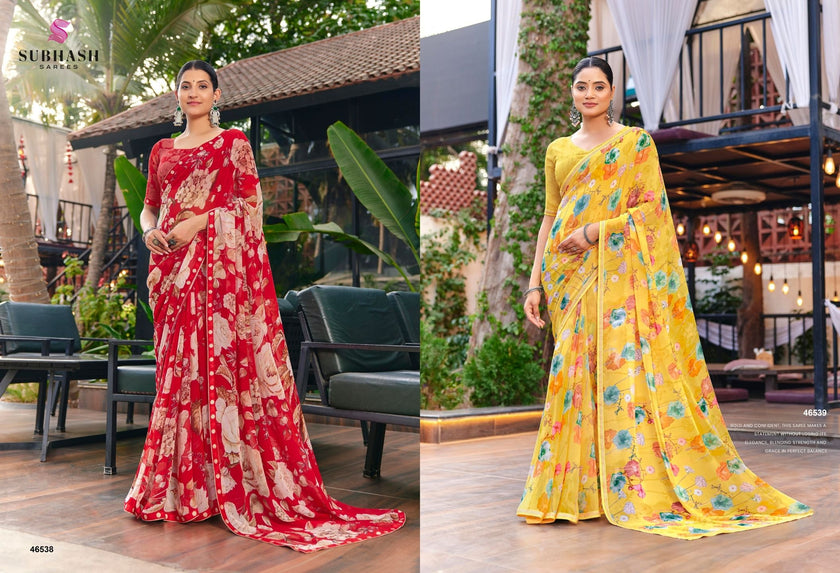 Kalyani-4 : Soft Georgette With Piping Border Floral Printed Saree with Printed Blouse