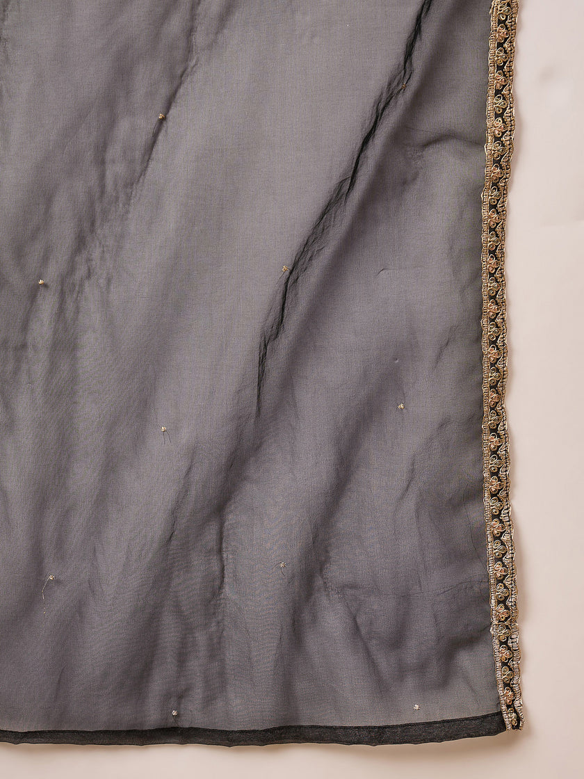 Black Silk Blend Solid A-Line Kurta Trouser with Dupatta