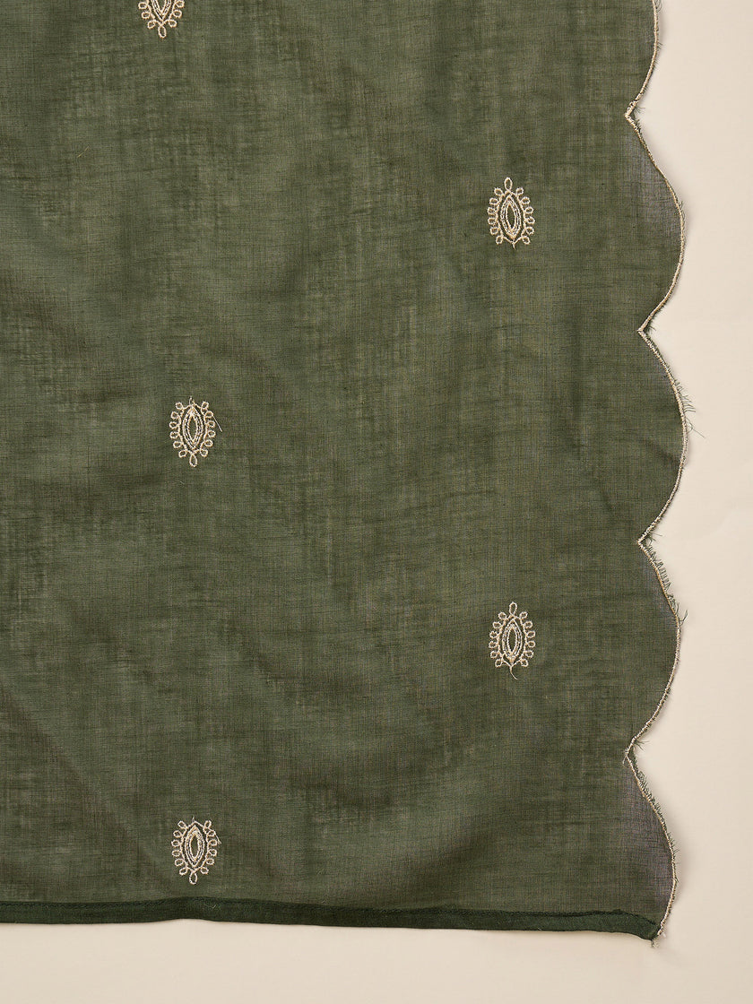 Green Pure Cotton Embroidered A-Line Kurta Trouser With Embroidered Dupatta