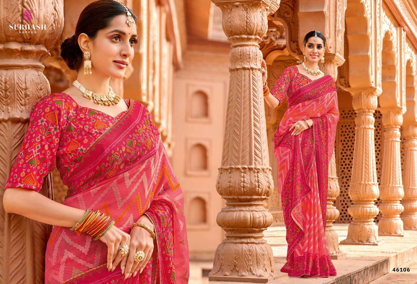 Vintage-27 : Chiffon Brasso Heritage Butti Print Sarees with Printed Tusser Silk Blouse