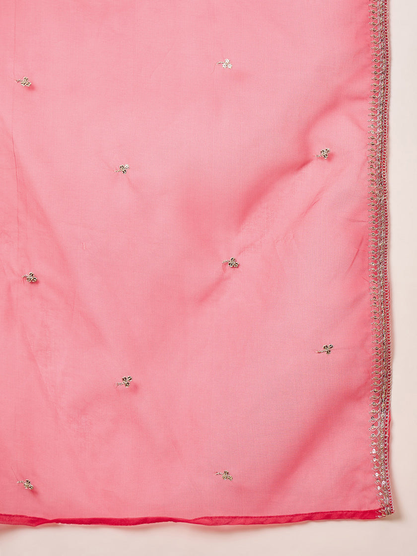 Rose Chanderi Silk Solid A-Line Kurta Trouser with Dupatta