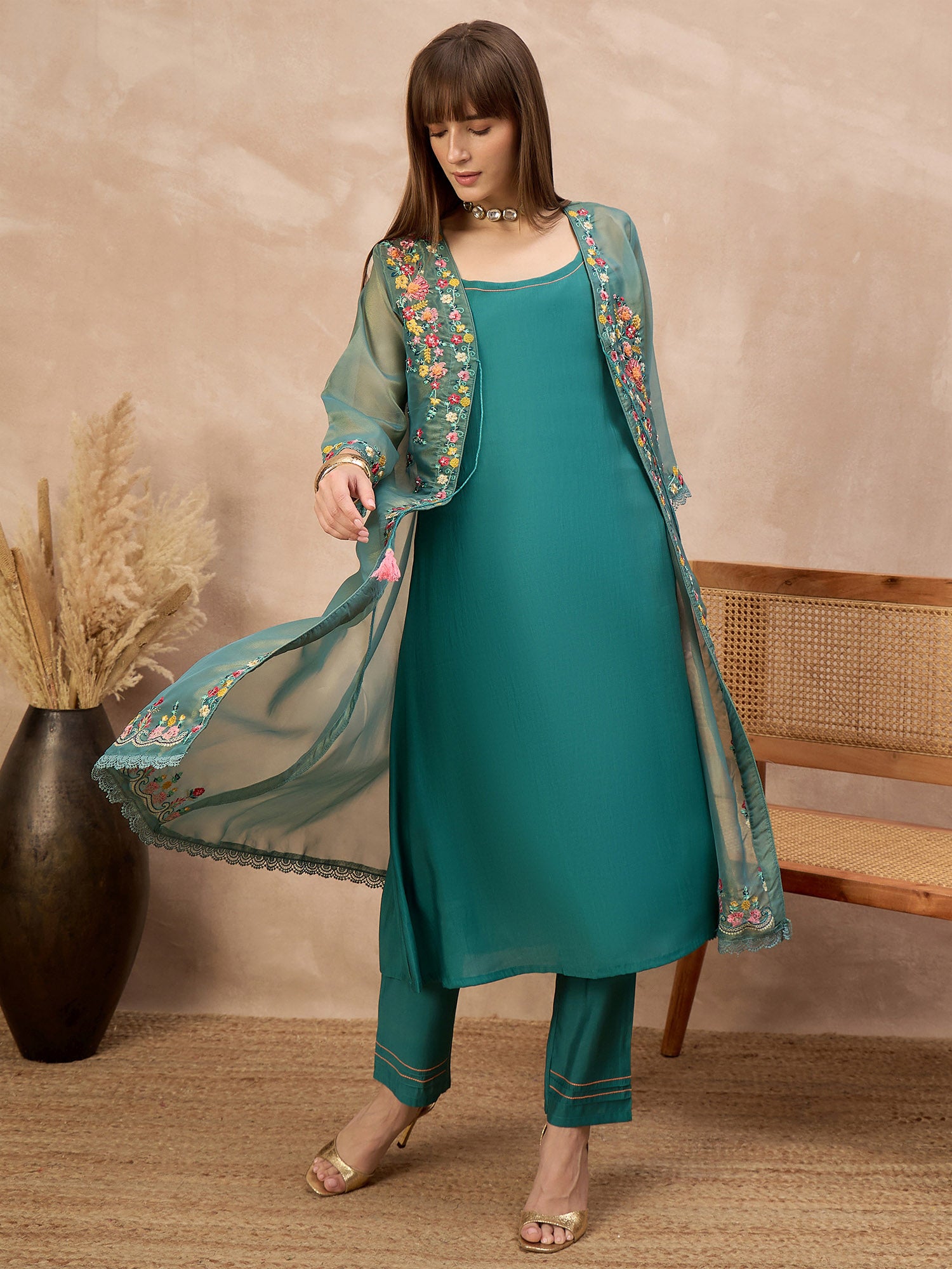 Green Pure Cotton Solid A-Line Kurta Trouser With Floral & Mirror Embroidered Shrug