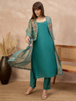 Green Pure Cotton Solid A-Line Kurta Trouser With Floral & Mirror Embroidered Shrug