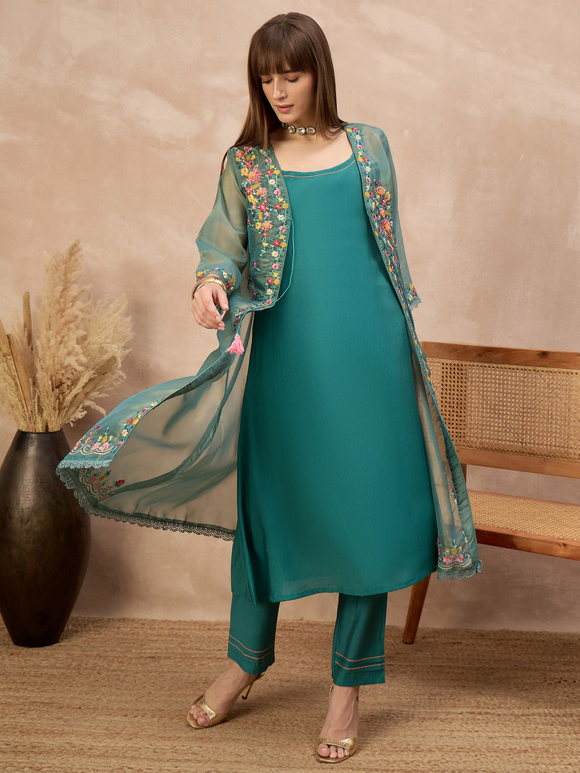 Green Pure Cotton Solid A-Line Kurta Trouser With Floral & Mirror Embroidered Shrug