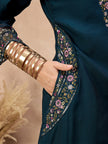 Blue Pure Cotton Beads & Stone Embroidered With Buttons A-Line Kurta Trouser With Printed Dupatta