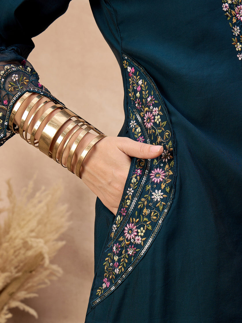 Blue Pure Cotton Beads & Stone Embroidered With Buttons A-Line Kurta Trouser With Printed Dupatta