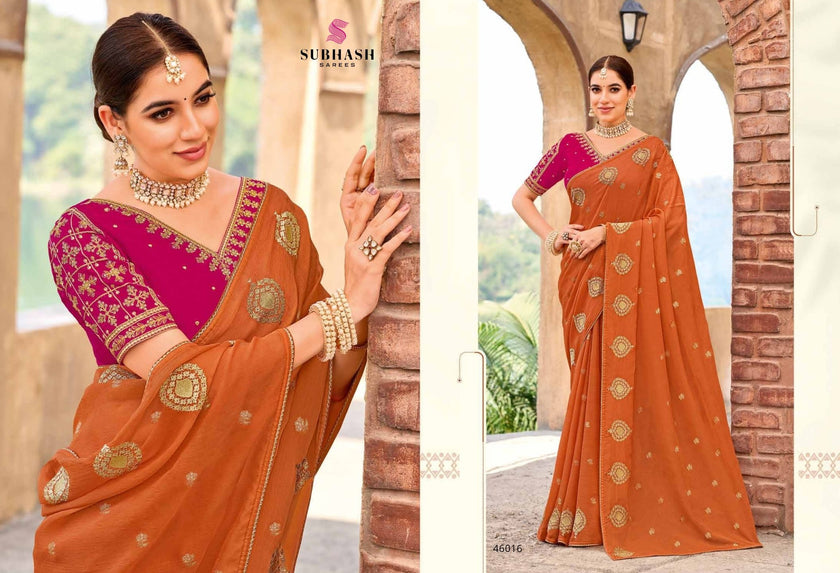 Rakshita: Chiffon Printed Embroidered Sarees with Tusser Silk Blouse