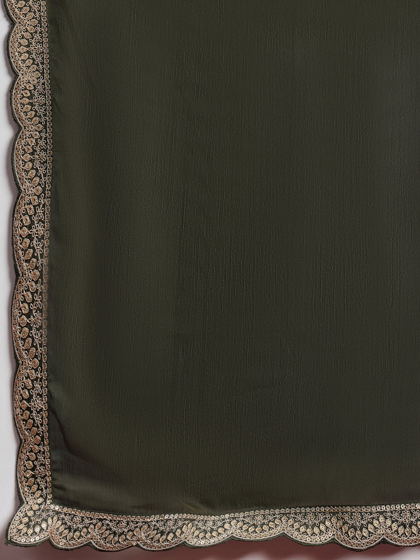 Olive Satin Solid With Embroidered Border Saree with Unstitched Fancy Blouse