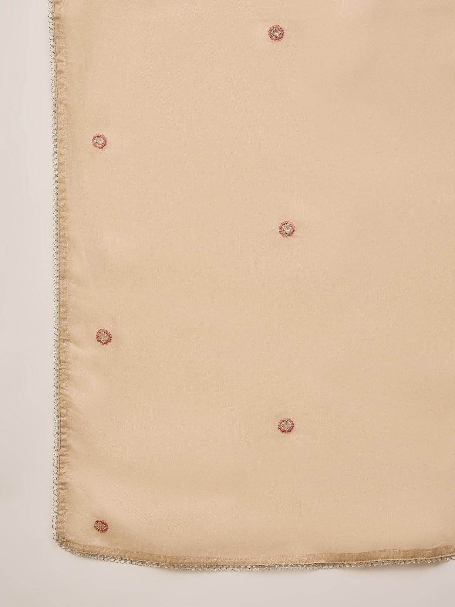 Beige Pure Cotton Floral & Mirror Embroidered A-Line Kurta Trouser With Dupatta