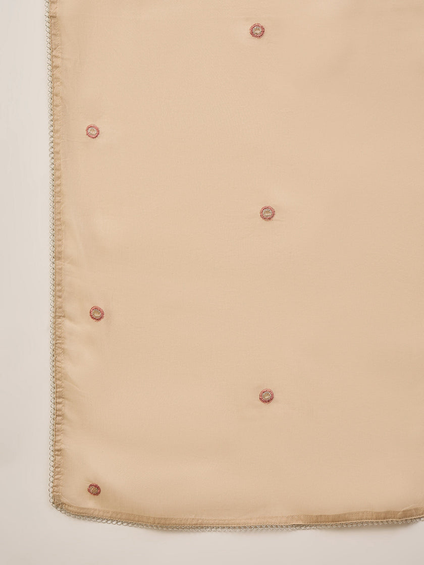 Beige Pure Cotton Floral & Mirror Embroidered A-Line Kurta Trouser With Dupatta