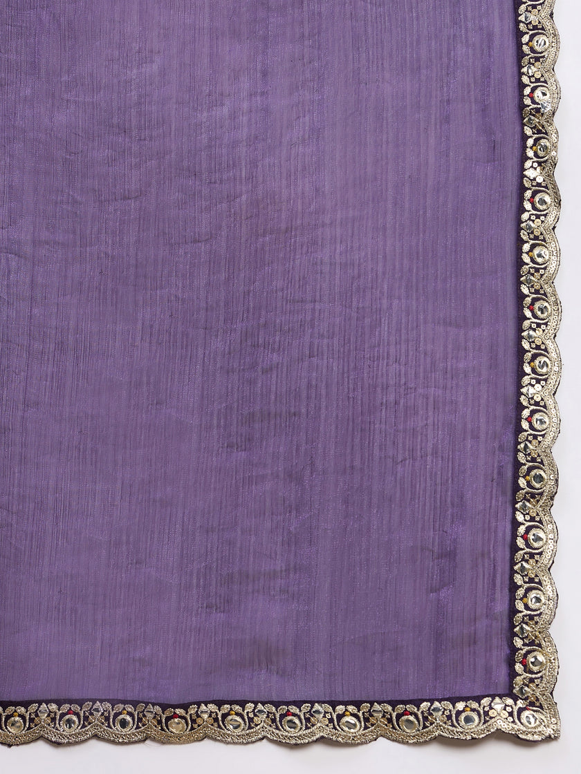 Purple Satin Solid With Embellished Lace Saree with Unstitched Blouse