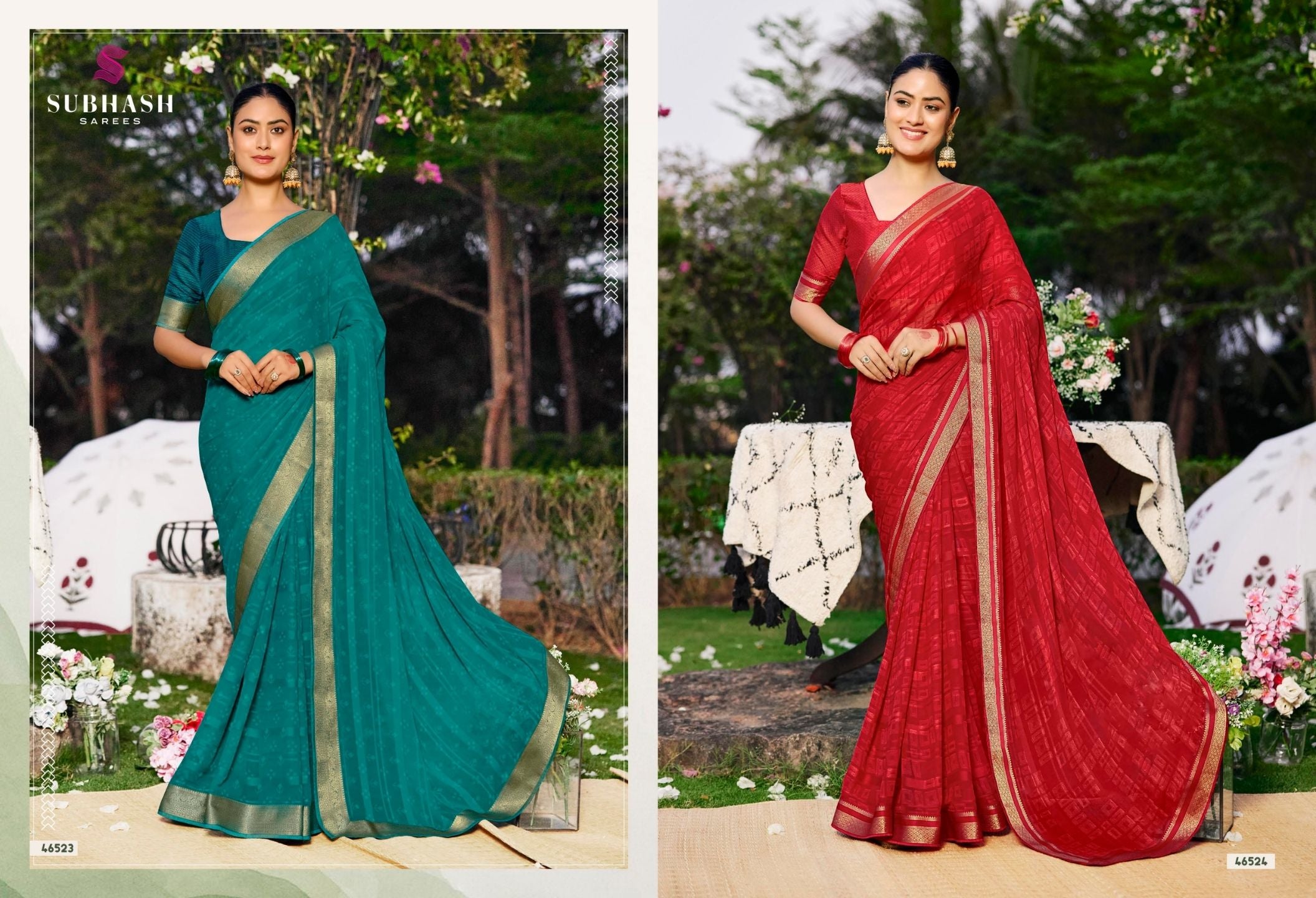 Riviera-28 : Soild Moss Chiffon Geo.Printed Saree with Chiffon Blouse