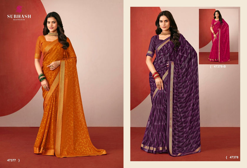 Riviera-29 : Printed Gerorgette with Gold jari Border Saree with Designer Printed Blouse