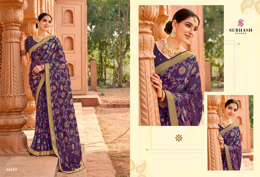 Vintage-27 : Chiffon Brasso Heritage Butti Print Sarees with Printed Tusser Silk Blouse