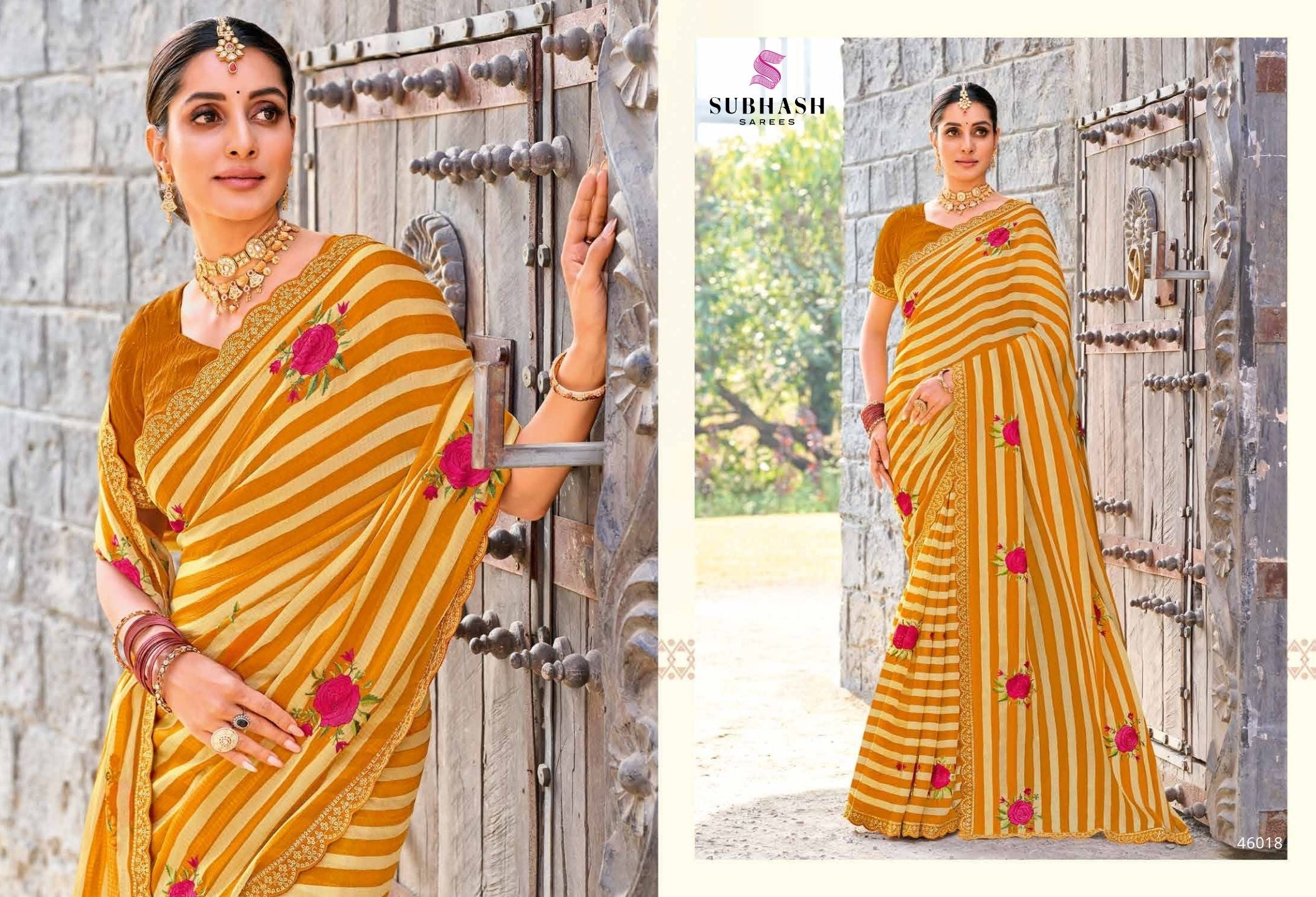 Rakshita: Chiffon Printed Embroidered Sarees with Tusser Silk Blouse