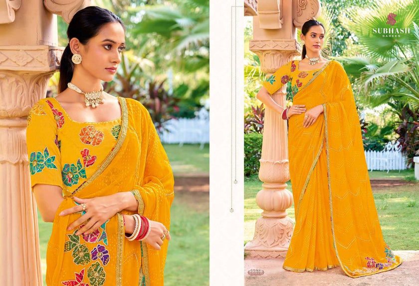 Bandhej-02 : Pure Chiffon Bandhani Print Embroidered Border Saree with Designing Blouse