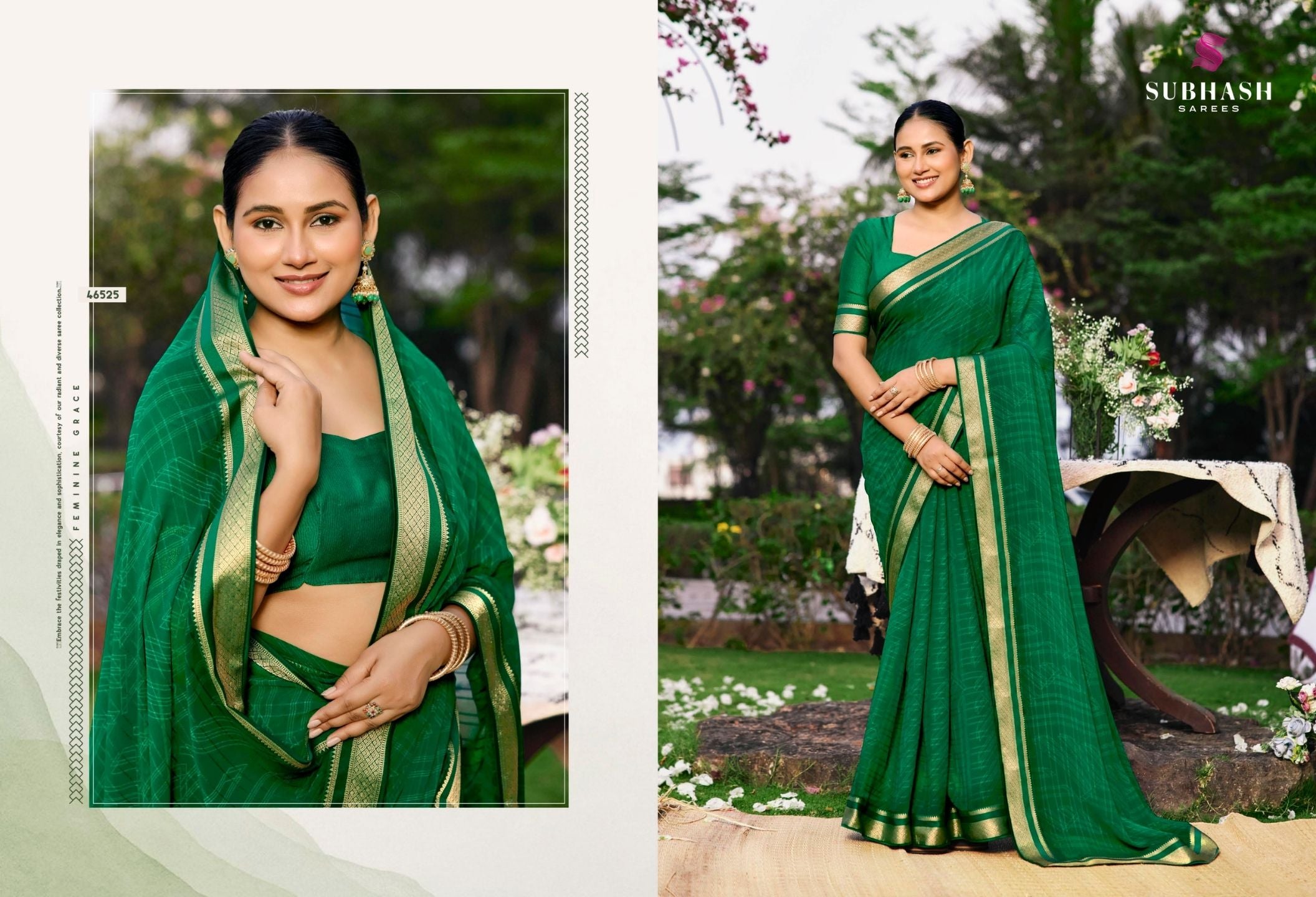 Riviera-28 : Soild Moss Chiffon Geo.Printed Saree with Chiffon Blouse