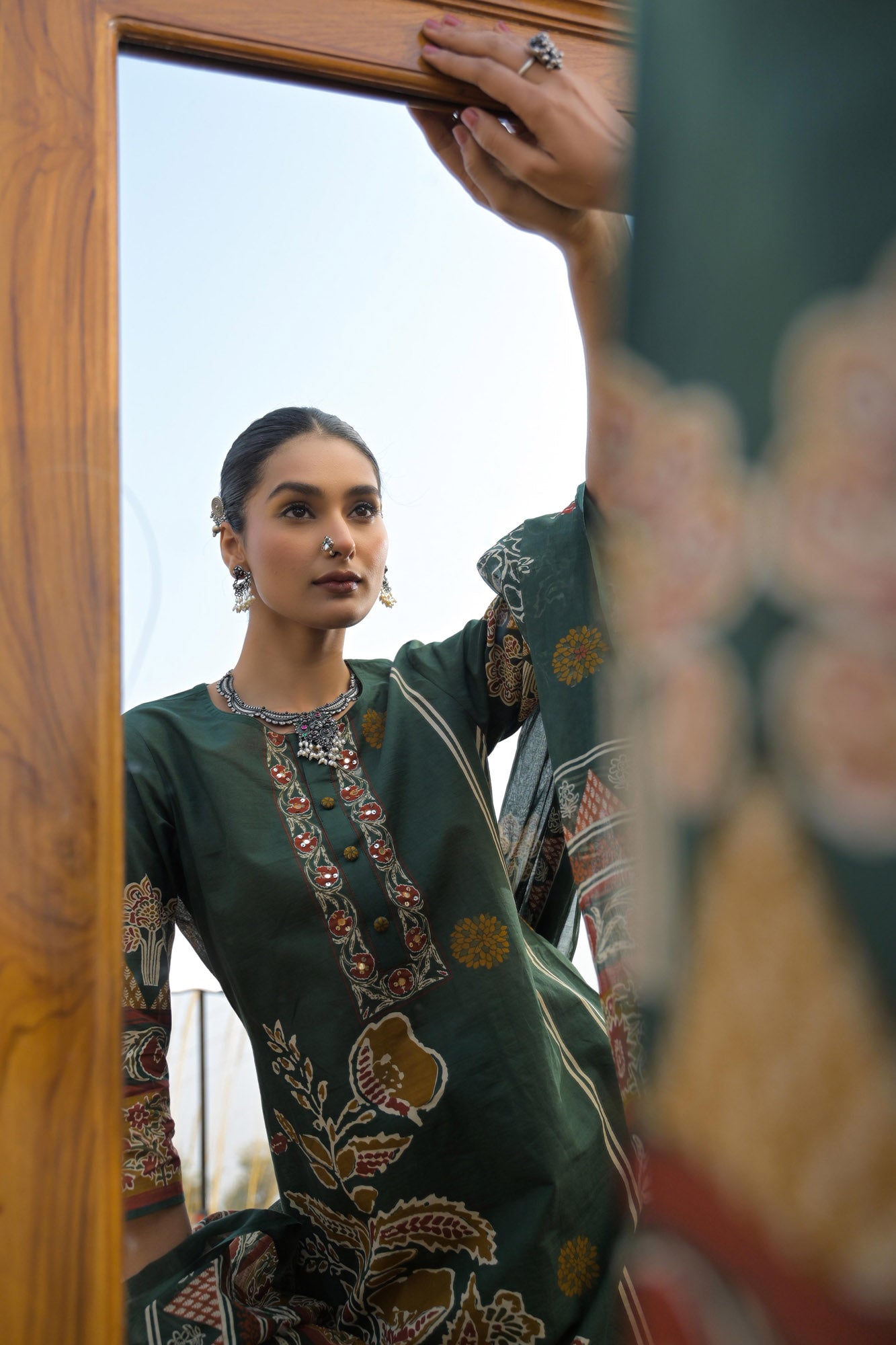 Green Pure Cotton Ajrakh Printed A-Line Kurta Trouser With Dupatta