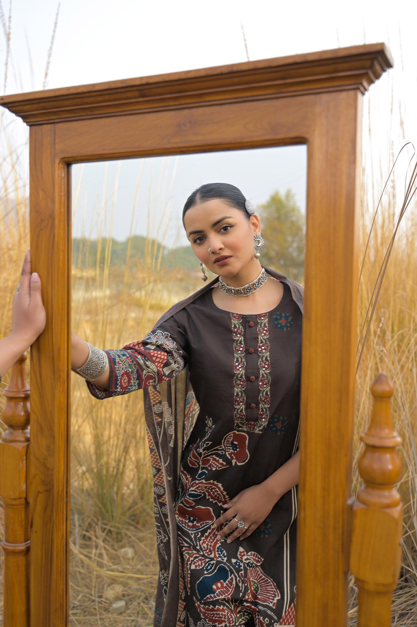 Brown Pure Cotton Ajrakh Printed A-Line Kurta Trouser With Dupatta