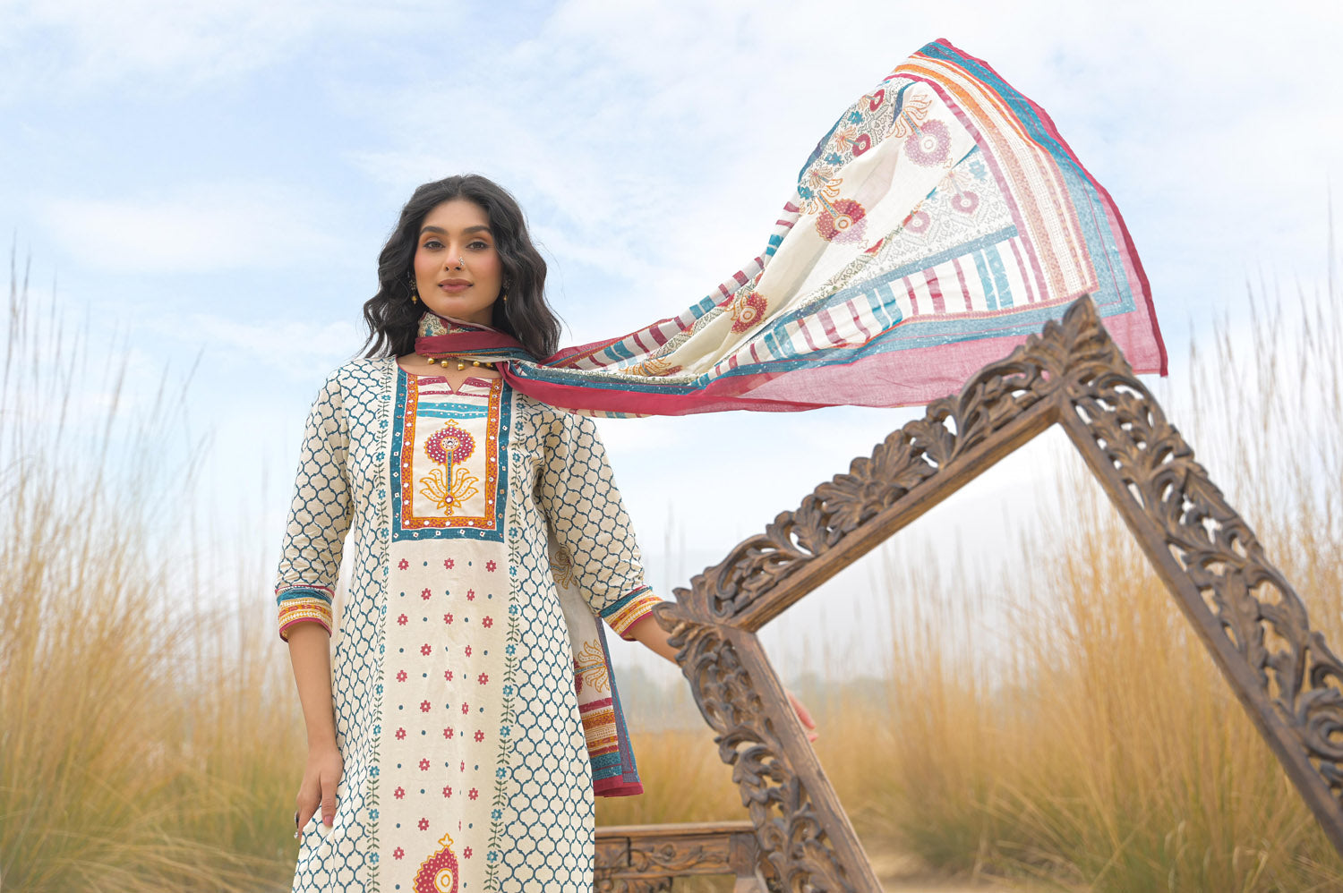 Multi Pure Cotton Ajrakh Printed A-Line Kurta Trouser With Dupatta