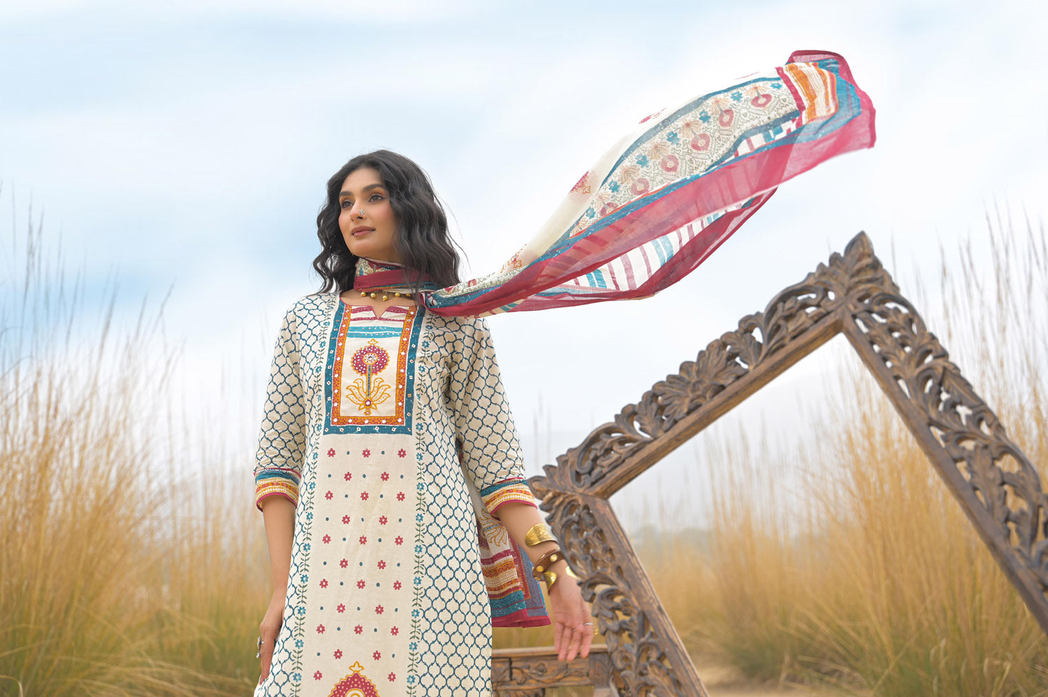 Multi Pure Cotton Ajrakh Printed A-Line Kurta Trouser With Dupatta