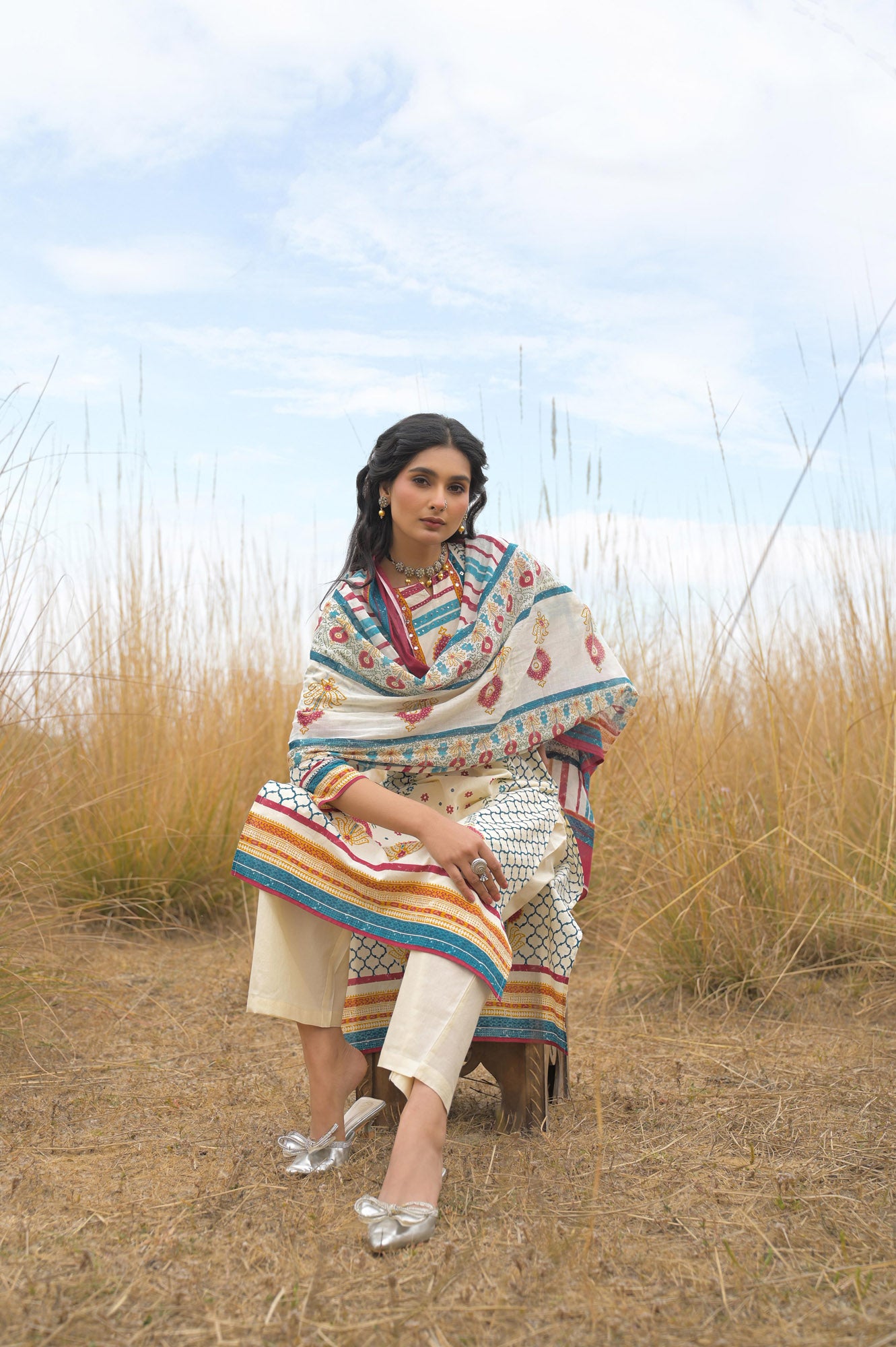 Multi Pure Cotton Ajrakh Printed A-Line Kurta Trouser With Dupatta