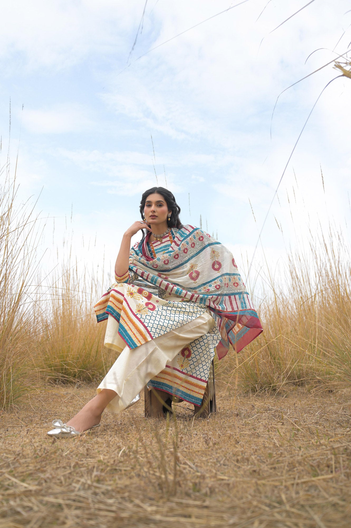 Multi Pure Cotton Ajrakh Printed A-Line Kurta Trouser With Dupatta
