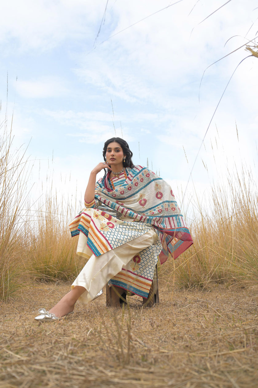Multi Pure Cotton Ajrakh Printed A-Line Kurta Trouser With Dupatta