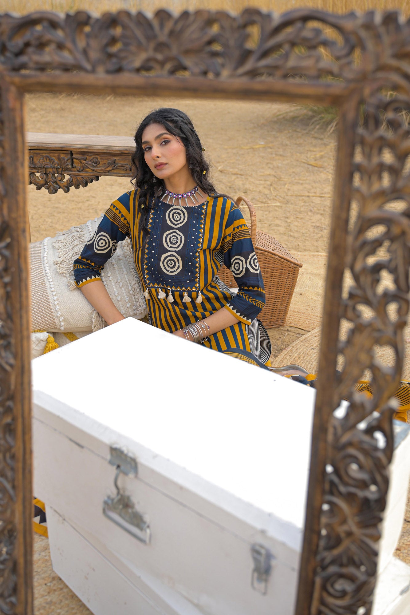 Mustard Pure Cotton Ajrakh Printed A-Line Kurta Trouser With Dupatta