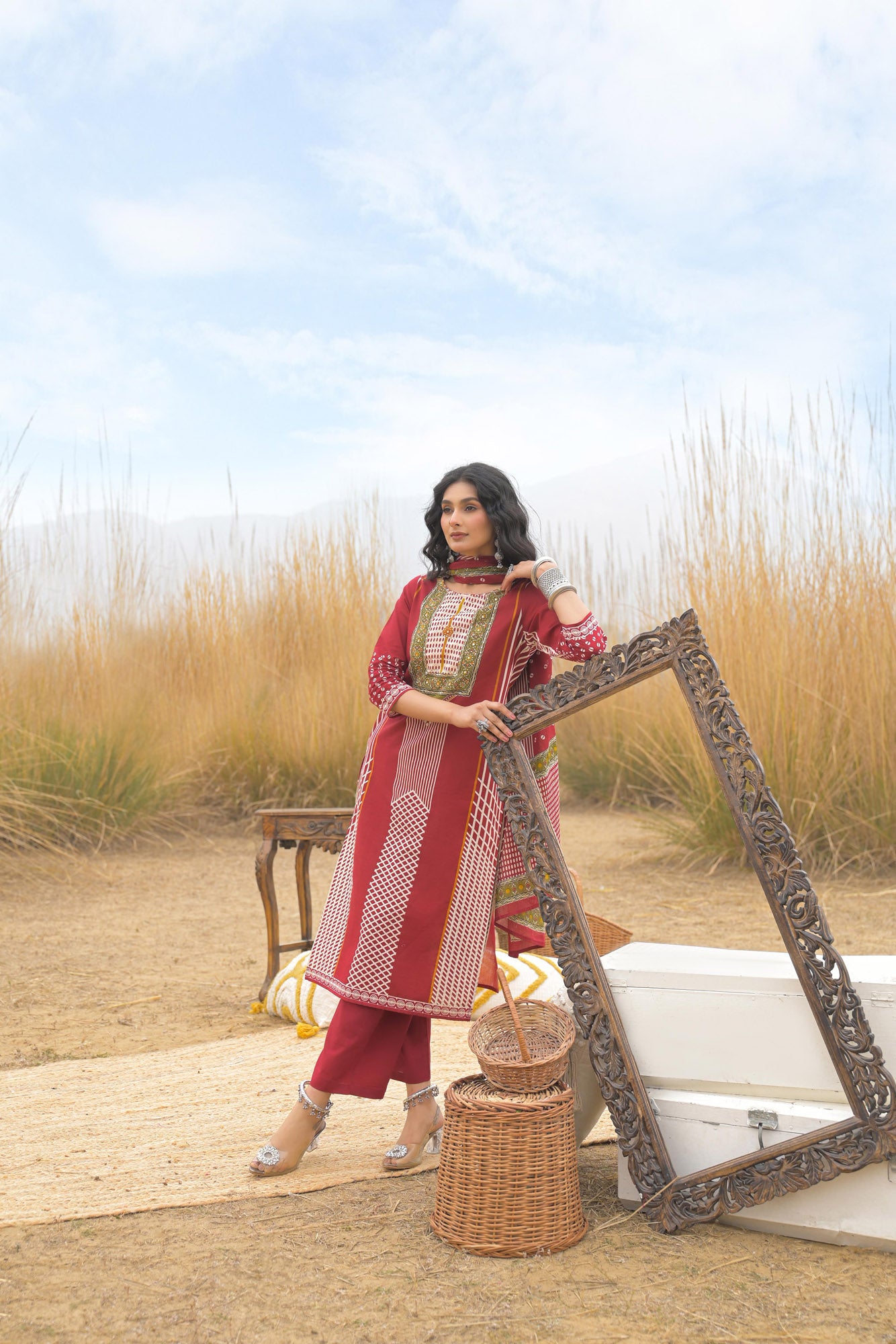 Red Pure Cotton Ajrakh Printed A-Line Kurta Trouser With Dupatta