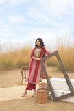 Red Pure Cotton Ajrakh Printed A-Line Kurta Trouser With Dupatta
