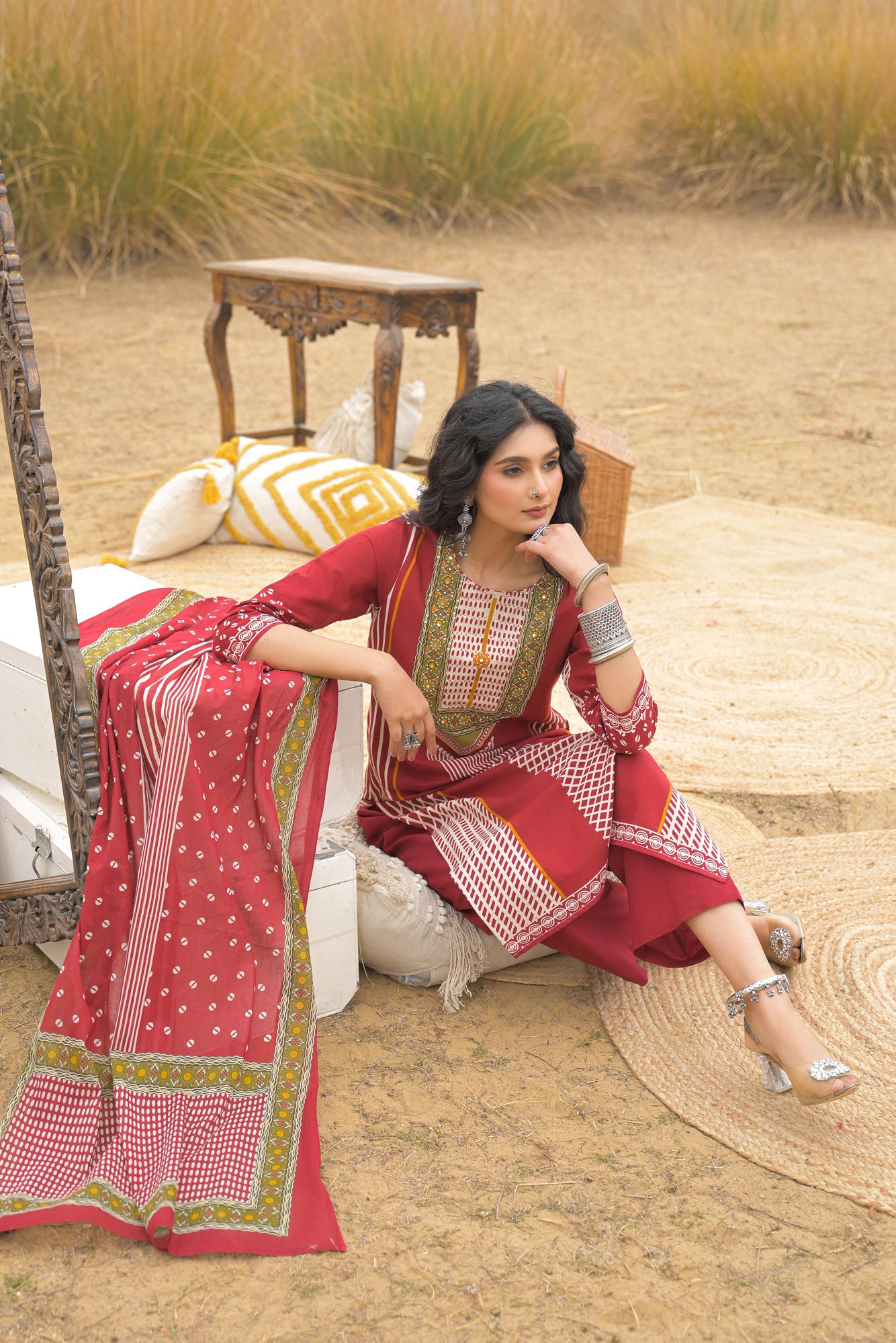 Red Pure Cotton Ajrakh Printed A-Line Kurta Trouser With Dupatta