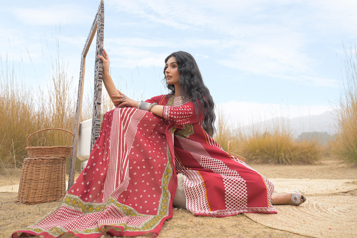 Red Pure Cotton Ajrakh Printed A-Line Kurta Trouser With Dupatta