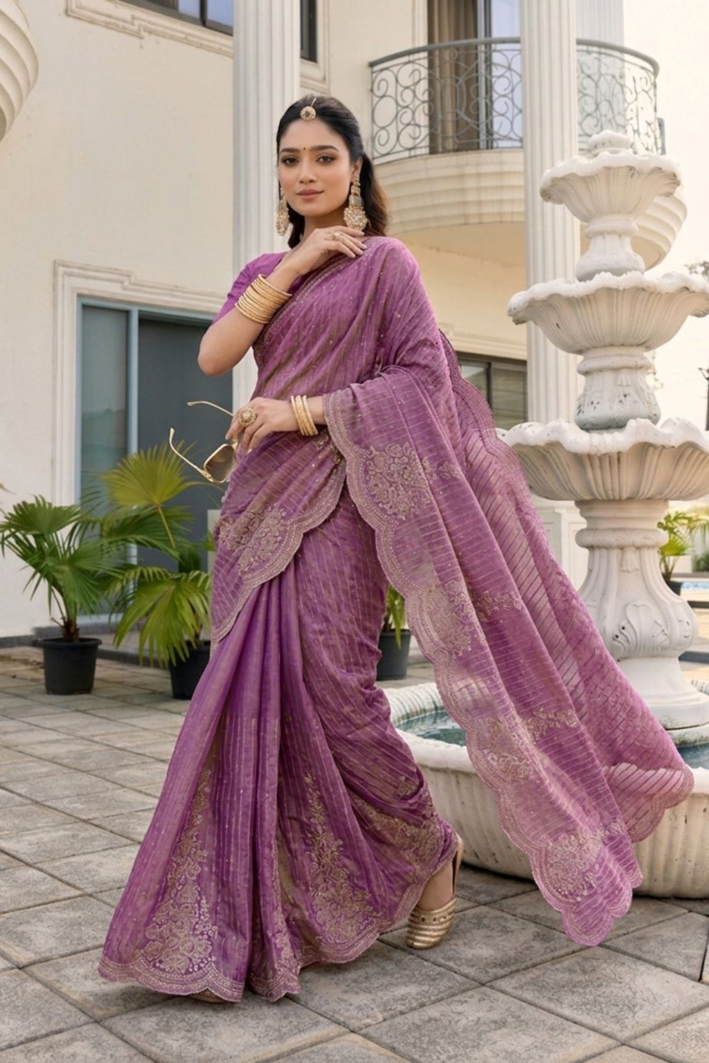 Light Purple Tissue Striped & Border Floral Embroidered Work Saree with Unstitched Blouse