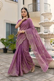Light Purple Tissue Striped & Border Floral Embroidered Work Saree with Unstitched Blouse